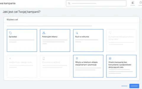 Wybór celu kampanii sem: Sprzedaż, potencjalni klienci, ruch w witrynie, rozważenie zakupu, świadomość marki, promocja aplikacji, wizyty w sklepie.