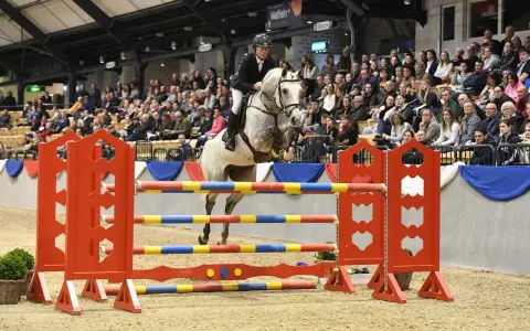 Un cheval blanc, un véritable con air etalon, saute une barrière colorée sous les regards d'une foule attentive.