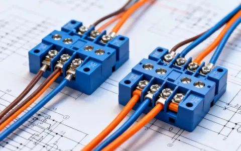 Deux blocs de connexion bleus avec des fils marron, orange et bleus connectés, sur un schéma électrique. L'en électricité est bien organisée.