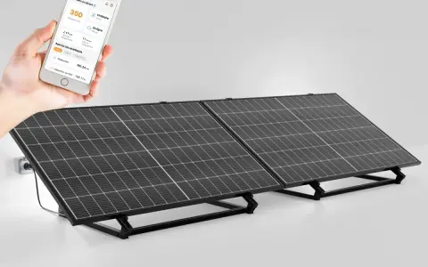 Installation facile d'un panneau solaire plug and play. Une main tient un smartphone affichant les données de production et les avantages écologiques.