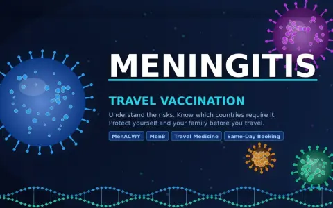 Grafik visar virus och text om resevaccination mot epidemisk hjärnhinneinflammation. Skydda dig själv och familjen.