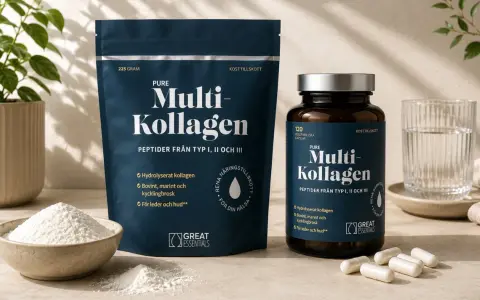 Pure Multi-Kollagen, ett kosttillskott som kan vara ett stöd vid klimakteriet. Finns som pulver och kapslar.