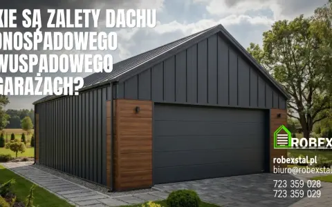 Nowoczesny garaż z ciemnoszarym, pionowym poszyciem i drewnianymi akcentami. Dach jednospadowy, idealny do nowoczesnych budynków.
