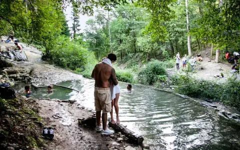 Persone si rilassano nelle acque termali dei Bagni di San Filippo, immersi nel verde di un bosco.