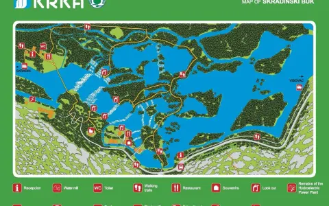 Mapa Parku Narodowego Krka, ukazująca sieć szlaków, wodospady i punkty widokowe.