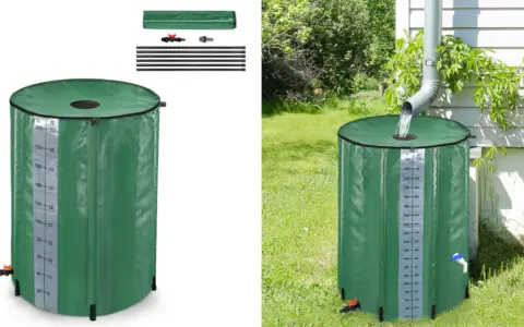 Depósito de agua de lluvia casero verde, con medidor de nivel, listo para instalar bajo un canalón.
