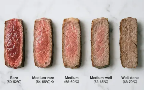 Pięć przekrojonych steków prezentuje różne stopnie wysmażenia: od krwistego (rare) po dobrze wysmażony (well-done), z zaznaczonym medium-rare.