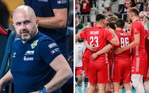 Michał Kozioł, trener, wpatruje się w boisko, podczas gdy jego drużyna świętuje zwycięstwo.