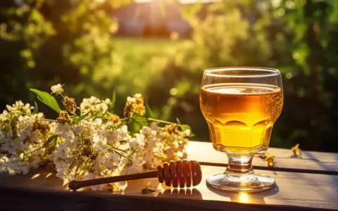 Złocisty miód pitny w kieliszku, obok drewniana chochla i bukiet białych kwiatów. Idealny sposób, by poczuć smak lata.