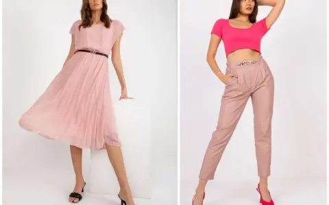 Elegancka sukienka w pudrowy róż i stylowy komplet z beżowymi spodniami i różowym topem.