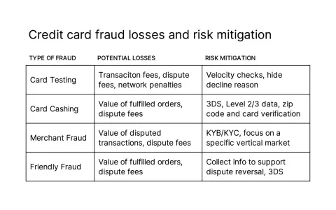 Table detailing credit card fraud types, potential losses, and risk mitigation strategies for business credit card fraud protection.