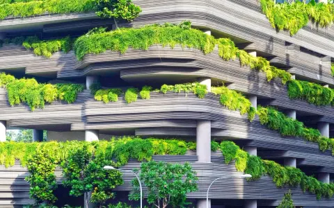 Edificio ecológico con balcones curvos cubiertos de exuberante vegetación verde, creando un oasis urbano.