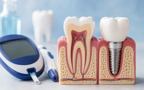 Glukometr i modele zębów, w tym implant, symbolizują troskę o higienę jamy ustnej przy cukrzycy insulinoniezależnej.