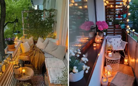 Ambiance cosy sur un balcon : coussins moelleux, plaid douillet, guirlandes lumineuses et bougies pour une déco été à faire soi-même.