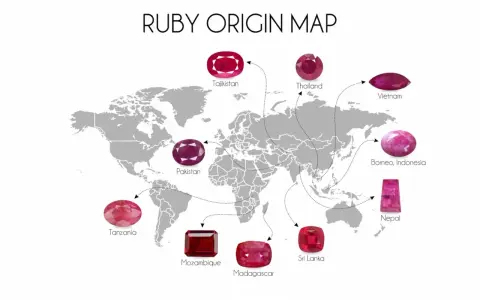 Mappa delle origini dei rubini, con gemme di un intenso rubino rosso provenienti da Tanzania, Mozambico, Madagascar, Sri Lanka, Pakistan, Tagikistan, Thailandia, Vietnam, Borneo e Nepal.