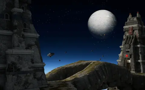 Ruinas de piedra en un mundo alienígena, con un gran planeta en el cielo estrellado. Un escenario perfecto para un combate de Unreal Tournament.