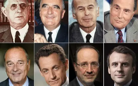 Collage de portraits de la liste des présidents français depuis 1900 : de Gaulle, Pompidou, Giscard d'Estaing, Mitterrand, Chirac, Sarkozy, Hollande, Macron.