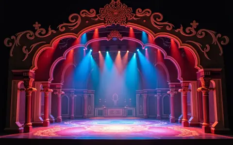 Majestatyczna scenografia teatralna, niczym z baśni tysiąca i jednej nocy, z kolumnami i bogatymi zdobieniami, oświetlona niebieskimi i czerwonymi światłami.