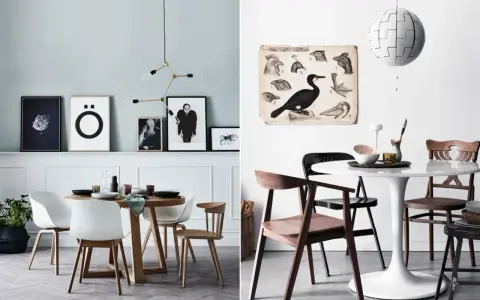 Två moderna matplatser hemma hos inredningsarkitekten. En med runt träbord och vita stolar, den andra med vitt tulipbord och blandade stolar.