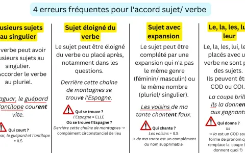 Guide sur l'accord sujet/verbe : plusieurs sujets singuliers, sujet éloigné, sujet avec expansion, et l'utilisation de pronoms comme "ils". Aide à l'abattre conjugaison.