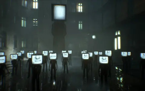 Postacie z telewizorami zamiast głów, stojące w deszczu. To obraz przerażającej dystopii, gdzie jednostka jest zastąpiona przez ekran.