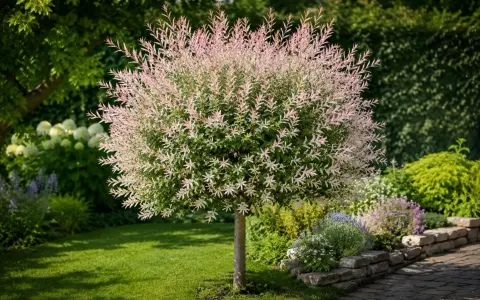Un saule crevette aux feuilles roses et vertes, taillé en boule, trône dans un jardin verdoyant avec une pelouse bien entretenue.