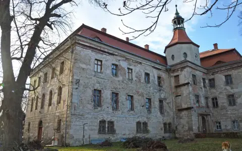Zniszczony zamek w Ząbkowicach Śląskich z wieżą i czerwonym dachem, otoczony drzewami.