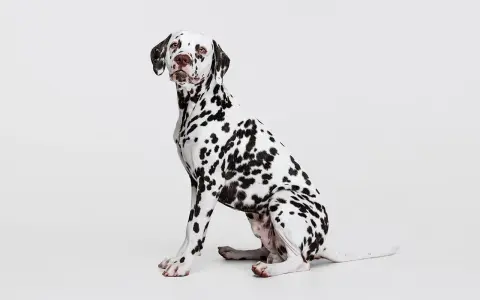 Uroczy dog o białej sierści w czarne cętki, siedzący na białym tle.