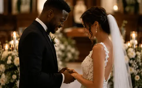 Novios tomados de la mano, inspirados por poemas para bodas, sonríen en un altar decorado con flores y velas.