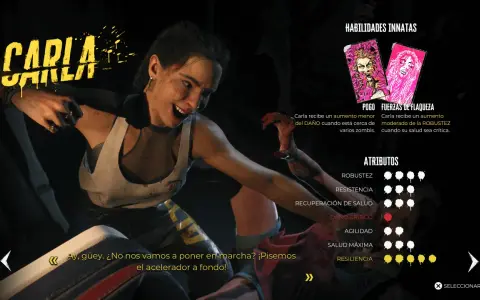 Carla, una de los personajes de Dead Island 2, lista para la acción. Sus habilidades y atributos se muestran en pantalla.