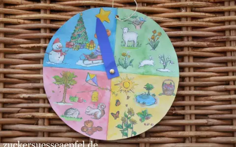 Jahresuhr Vorlage zum Ausdrucken kostenlos: bunter Kreis mit vier Jahreszeiten, Winter, Frühling, Sommer, Herbst.