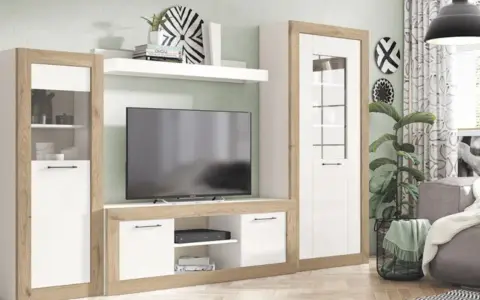 Un moderno salón sin luz natural, con un mueble de TV blanco y madera, una planta y un sofá gris.