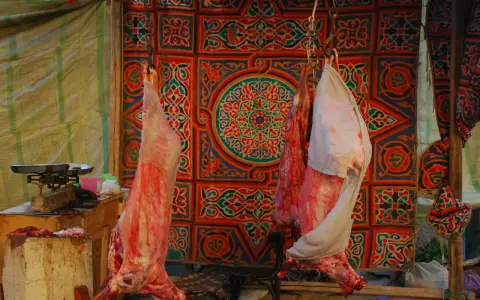 Fleisch hängt vor einem bunten Stoffmuster, bereit für Eid el Adha.