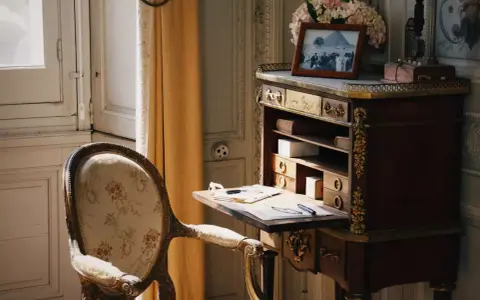 Bureau secrétaire ancien, fauteuil fleuri. Un tableau et des fleurs ornent le dessus. Idéal pour un coût inventaire mobilier succession.