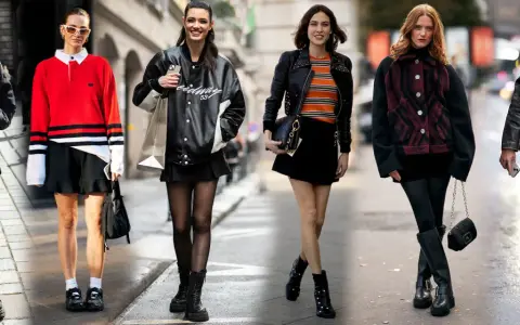 Moda invernale: outfit con gonna nera corta, giacche in pelle e stivali.