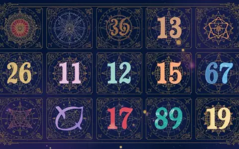 Tło z mistycznymi symbolami i liczbami. W prawym dolnym rogu widnieje liczba 19, kluczowa w numerologii.