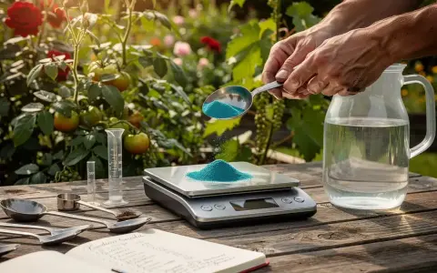 Préparation du **dosage bouillie bordelaise pour arbres fruitiers**. Une balance de précision pèse la poudre bleue, à côté d'un carnet et d'une carafe d'eau.