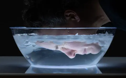 A person submerges their face in a clear bowl filled with water and ice cubes for a facial ice bath.