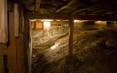 Underneath a house, a crawl space with a dirt floor and concrete walls. A vapor barrier is being installed to protect against moisture.