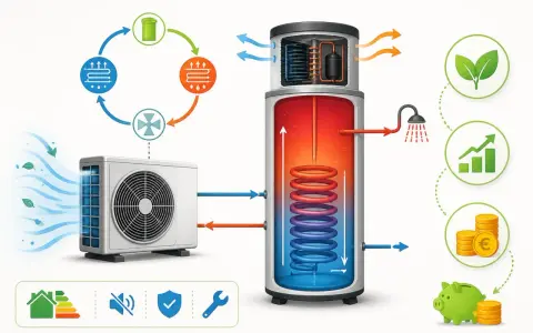 Schéma d'un chauffe-eau thermodynamique : une unité extérieure capte l'air, le transmet à un ballon de stockage pour chauffer l'eau, réduisant la consommation.
