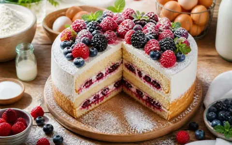 Gâteau à étages décoré de fruits rouges frais, avec des couches de crème et de confiture de baies.