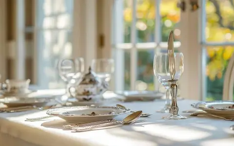 Une table dressée avec élégance, des verres et une théière en porcelaine. Le couteau est posé sur le verre, une astuce pour savoir comment poser les couverts après le repas.
