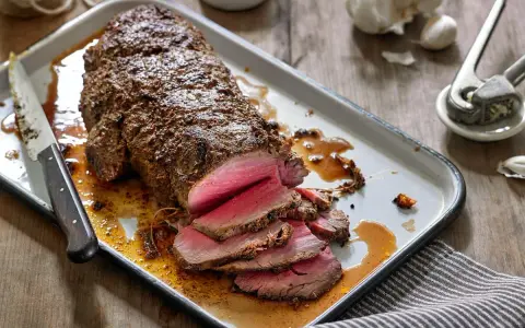 Roast beef jugoso y rosado en una bandeja, con un cuchillo y ajos al fondo.
