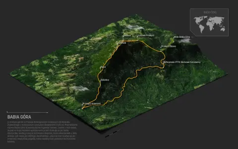Trójwymiarowa mapa Babiej Góry z zaznaczonymi szlakami. Pogoda na górze bywa zmienna, jak opowiadają legendy.