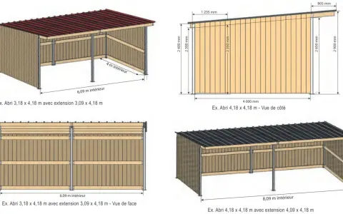 Schémas d'abris pour chevaux, montrant différentes dimensions et configurations. La hauteur abri chevaux varie, avec des mesures indiquées en millimètres et mètres.