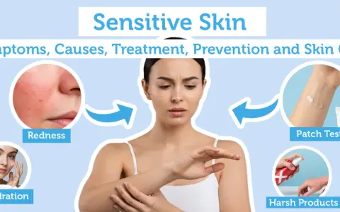 Infographic on sensitive skin, showing redness, hydration, patch testing, and avoiding harsh products. Essential skincare tips for sensitive skin.
