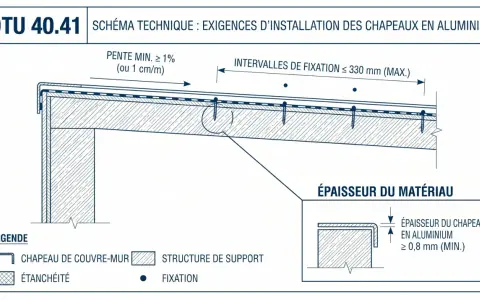 Schéma technique DTU 40.41 : installation de chapeaux en aluminium. Détail de la fixation et des intervalles de fixation.