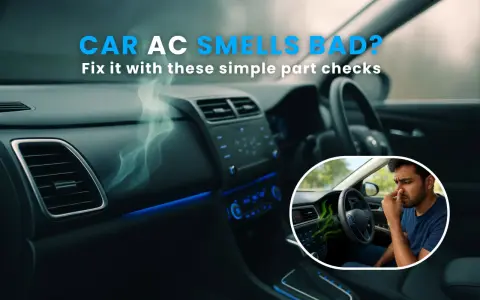 Car AC smells bad? Learn how to remove bad smell from AC car with simple checks. A man pinches his nose in a car with green fumes from the vents.