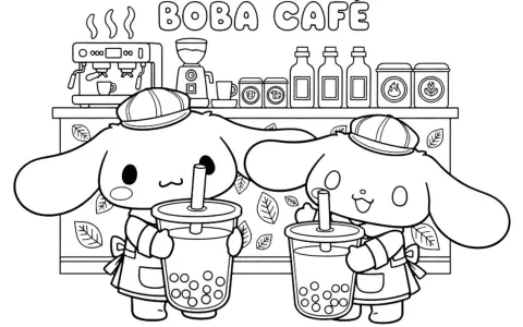 Cinnamoroll kolorowanka: dwa urocze pieski w czapkach i fartuszkach piją bubble tea w Boba Café.