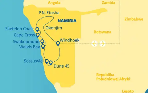 Mapa z trasą podróży po Namibii: wybrzeże, Etosha, Sossusvlei. Idealna na namibia turystyka.